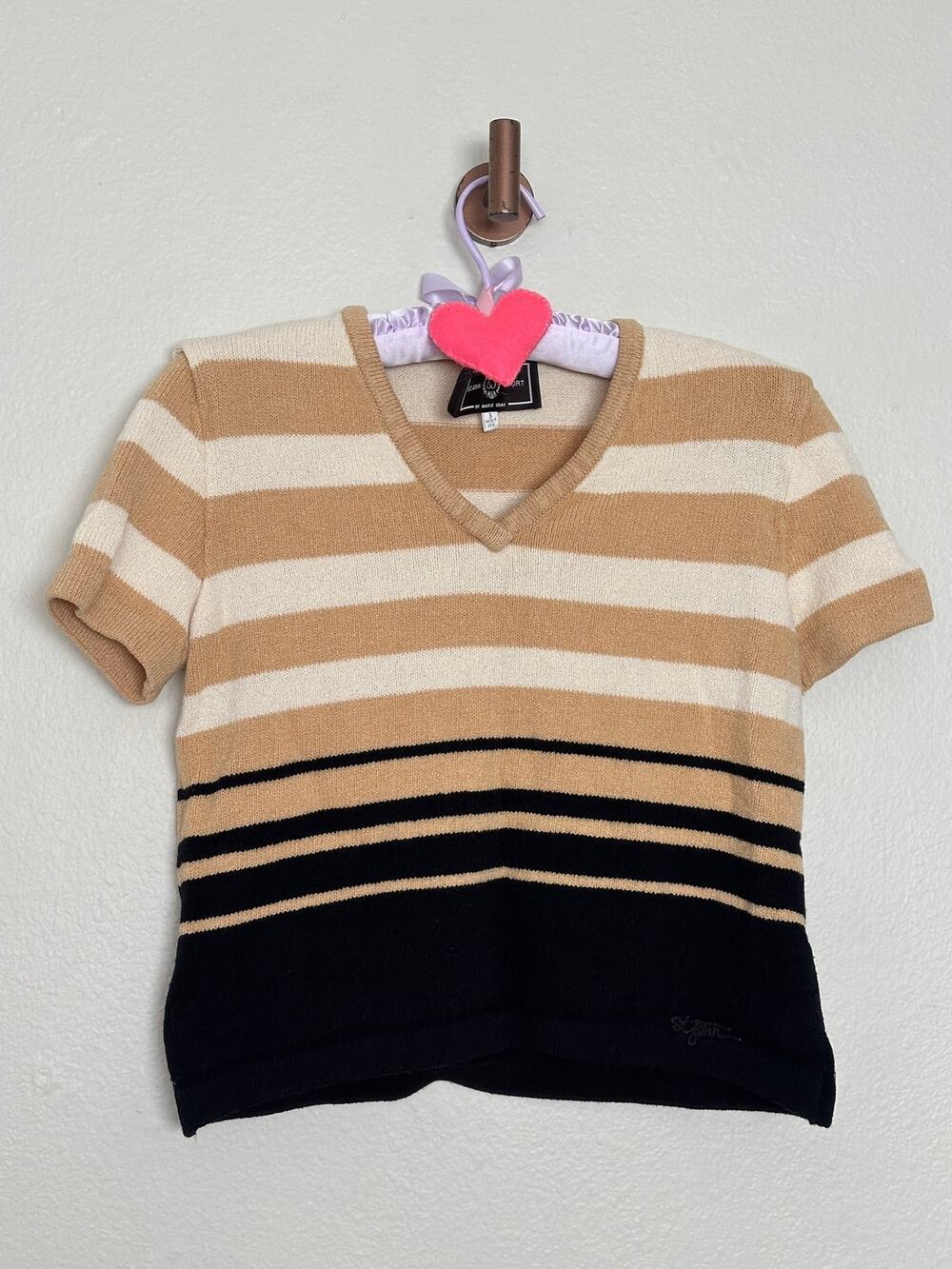 Vintage St. John Sport Marie Gray Small Santana Knit Tan White Black Striped Tee